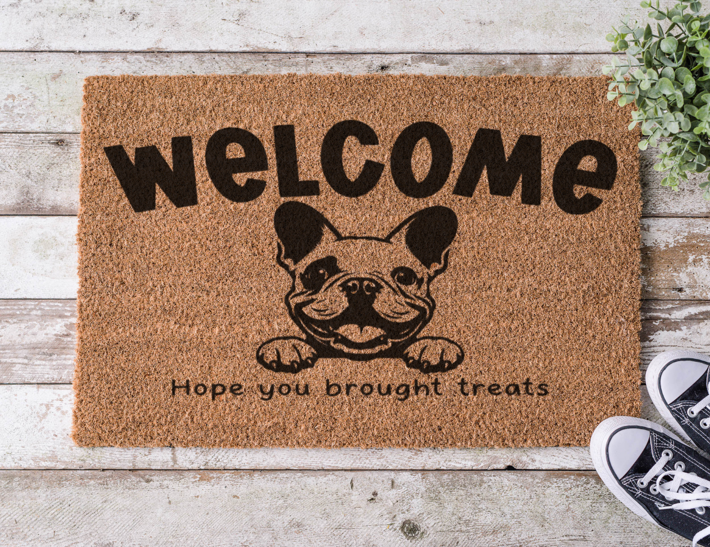 Coir doormat with the phrase ‘Hope You Brought Treats,’ hand-painted in bold lettering with a French Bulldog design