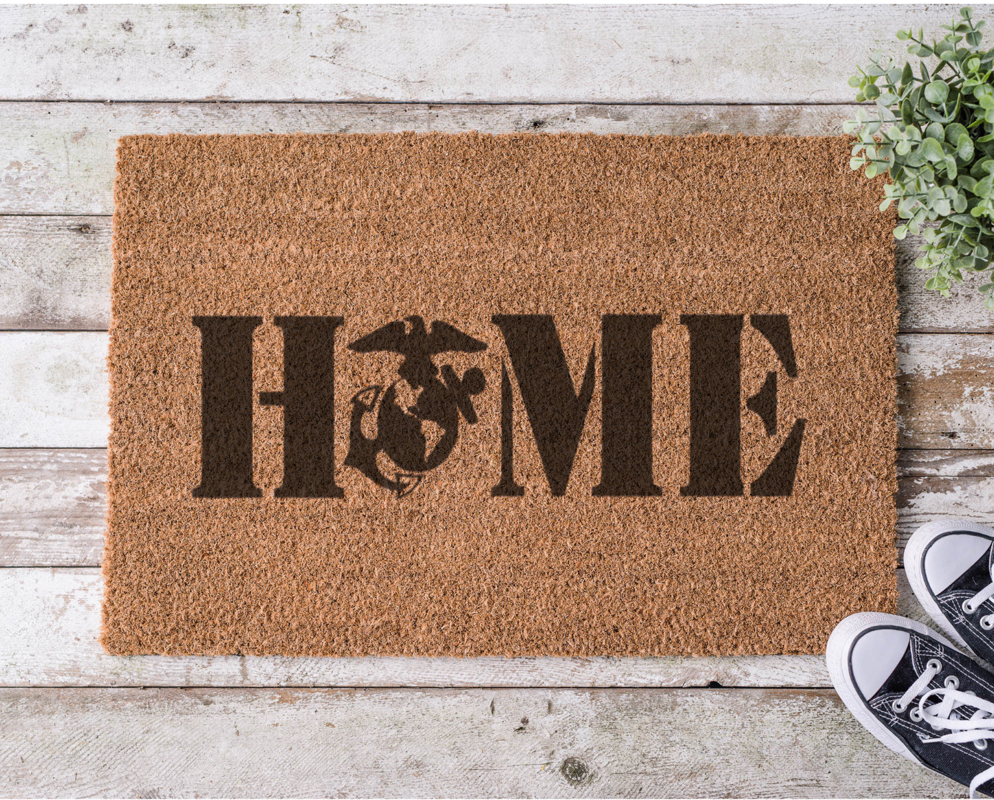 Coir doormat with the word ‘Home’ featuring the Marine Corps emblem as the letter O, hand-painted in a bold military-inspired design
