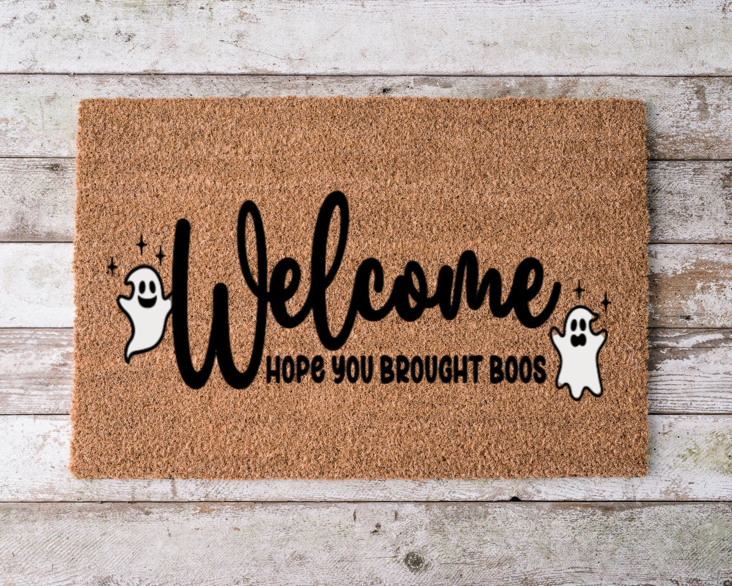 Funny Halloween doormat that says “Hope You Brought Boos” with a ghost or spooky drink illustration – festive hand-painted fall porch décor.