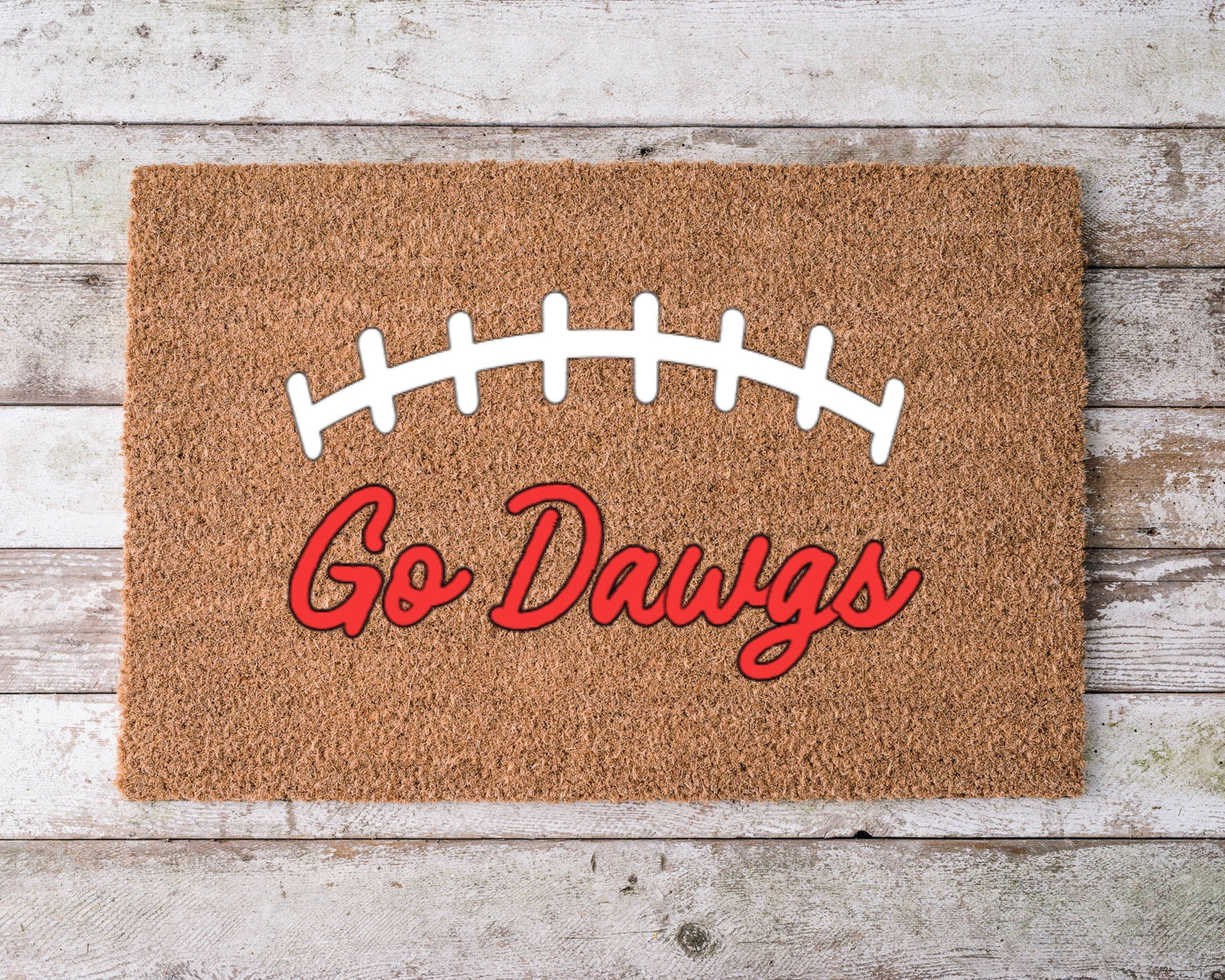 Georgia Bulldogs themed doormat with ‘Go Dawgs’ text – custom coir football doormat for UGA fans.