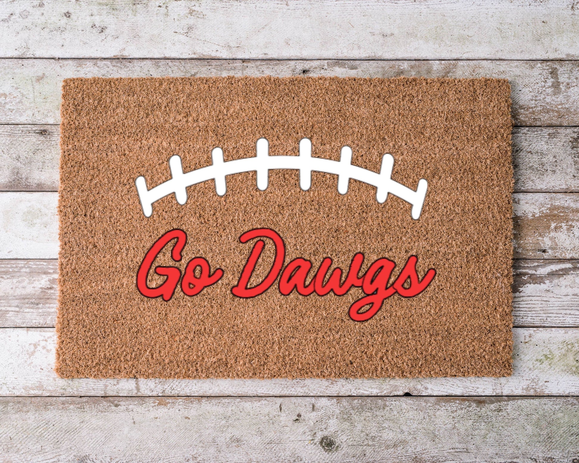 Georgia Bulldogs themed doormat with ‘Go Dawgs’ text – custom coir football doormat for UGA fans.