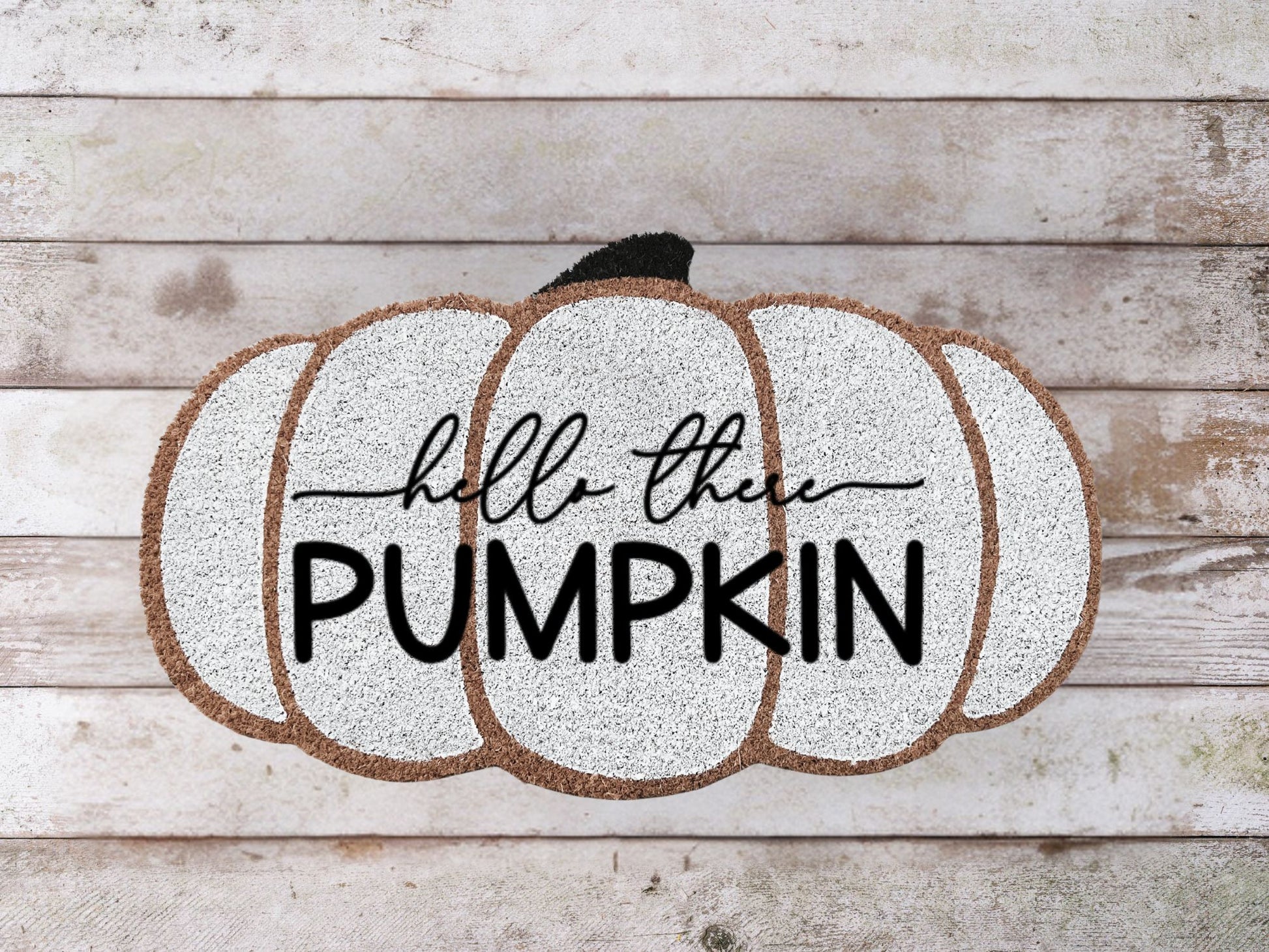 Natural coir doormat with the phrase "Hello There Pumpkin" in playful script, perfect for fall or Halloween porch decor.