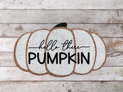 Natural coir doormat with the phrase "Hello There Pumpkin" in playful script, perfect for fall or Halloween porch decor.