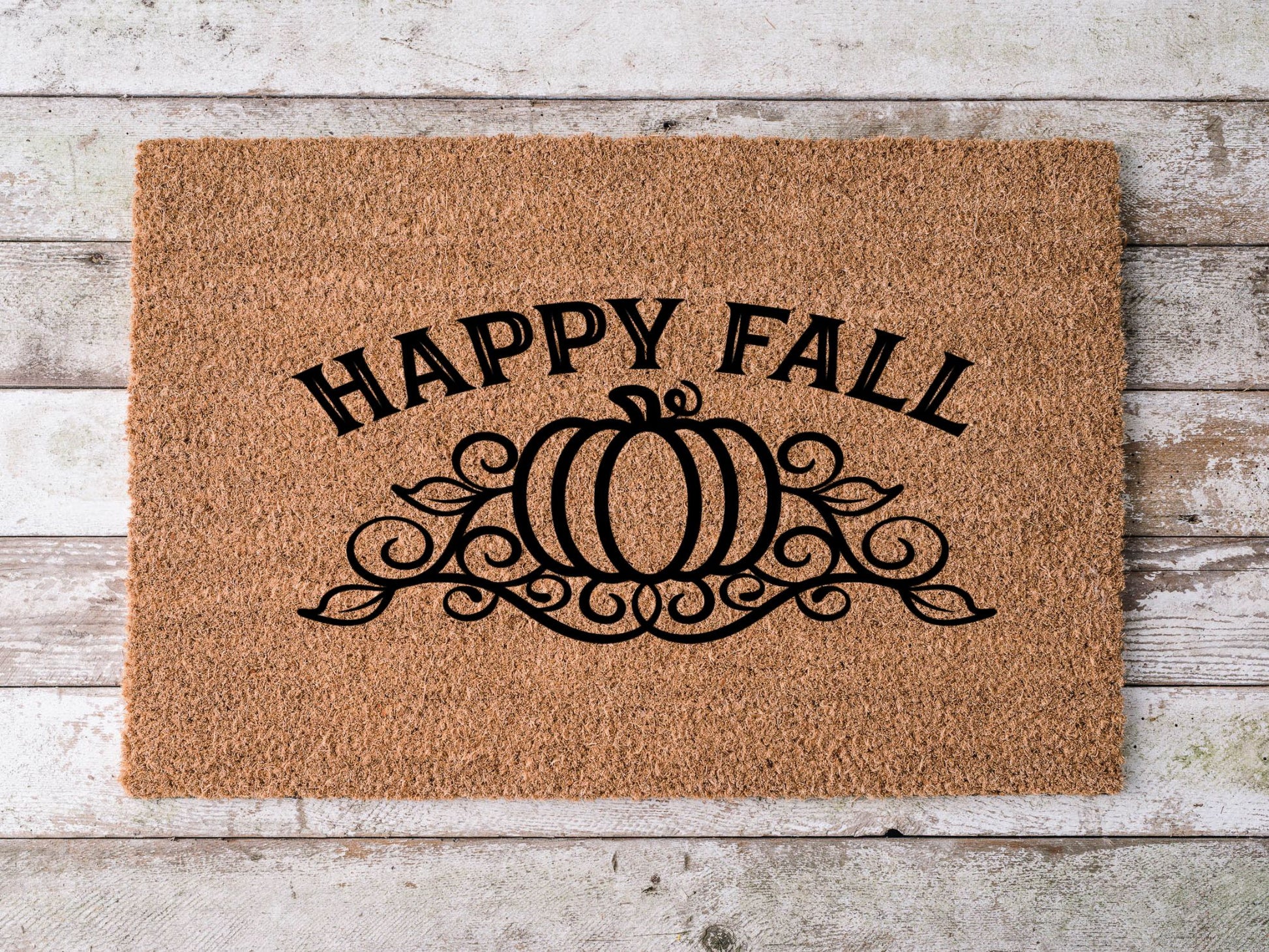 Coir doormat with bold black “Happy Fall” text, perfect for autumn front porch décor.