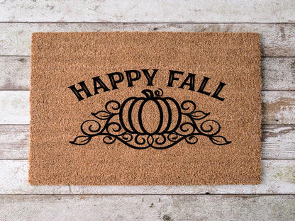 Coir doormat with bold black “Happy Fall” text, perfect for autumn front porch décor.