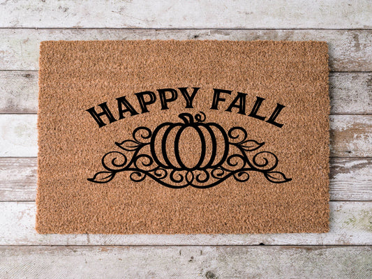 Coir doormat with bold black “Happy Fall” text, perfect for autumn front porch décor.