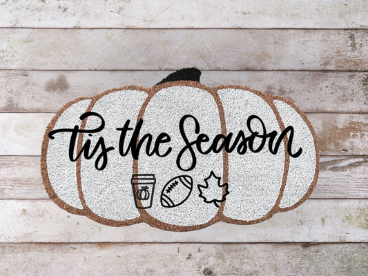 Coir doormat with the phrase "‘Til the Season" featuring fall-inspired design elements that highlight coffee, football, and autumn vibes.