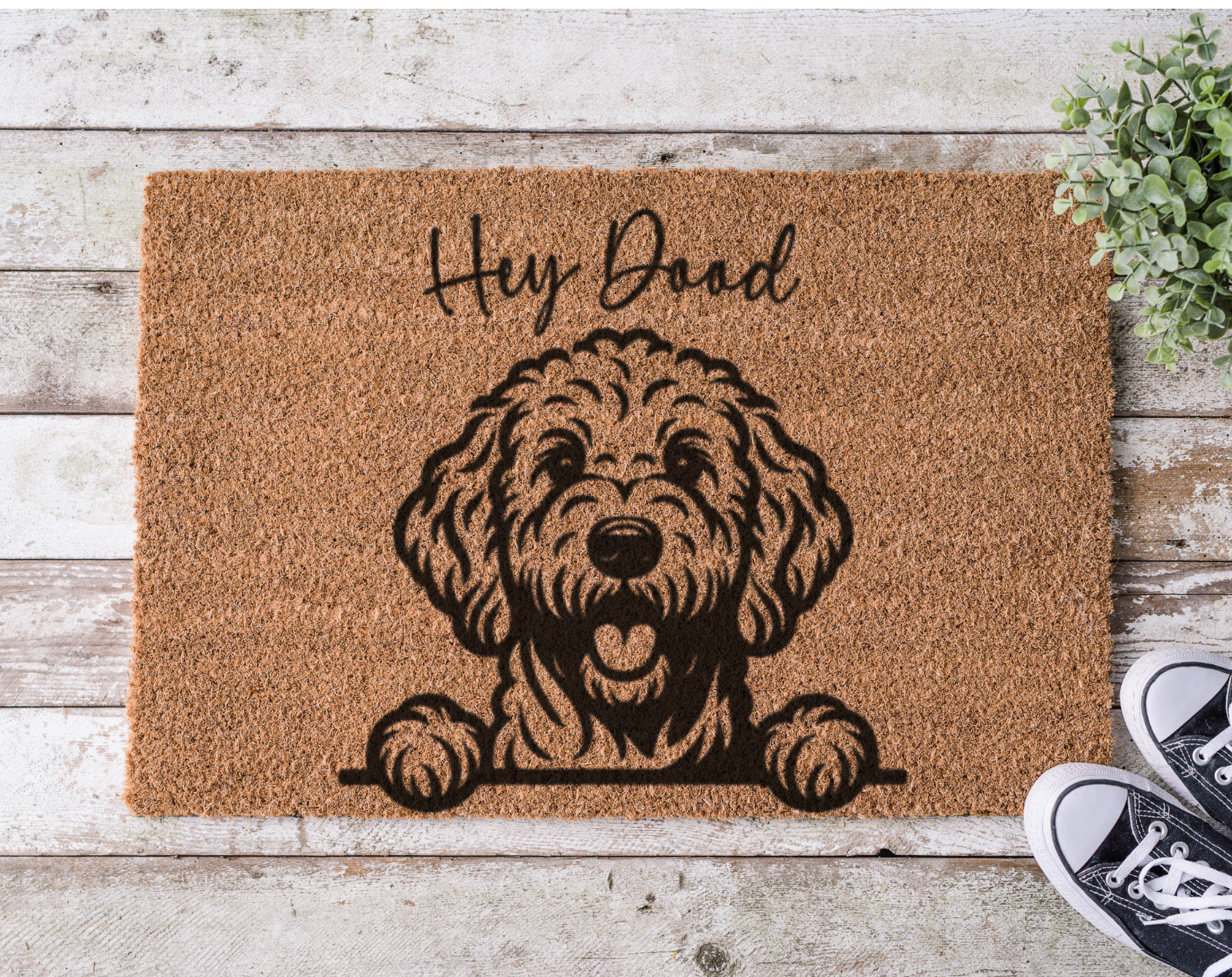 Coir doormat with the phrase ‘Hey Dood,’ hand-painted in fun, casual lettering with a doodle dog-inspired design
