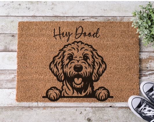 Coir doormat with the phrase ‘Hey Dood,’ hand-painted in fun, casual lettering with a doodle dog-inspired design