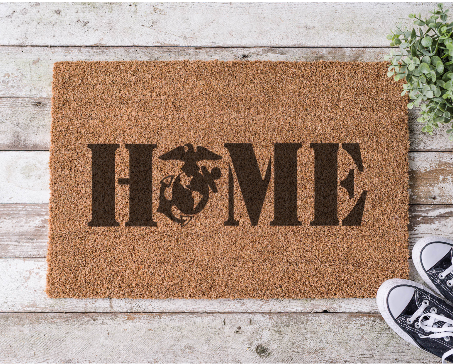 Coir doormat with the word ‘Home’ featuring the Marine Corps emblem as the letter O, hand-painted in a bold military-inspired design