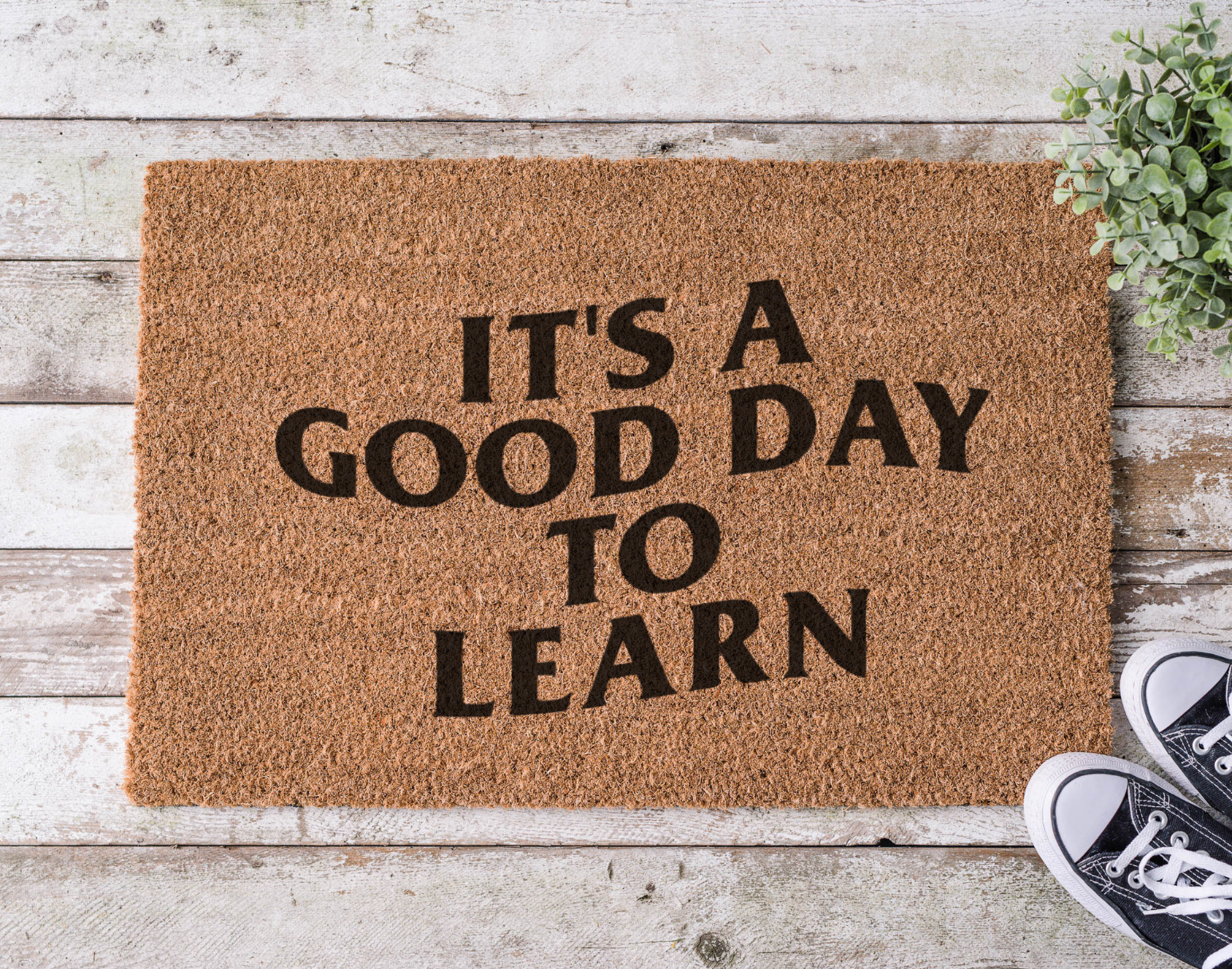 Coir doormat with the phrase ‘It’s a Good Day to Learn,’ hand-painted in cheerful, classroom-inspired lettering