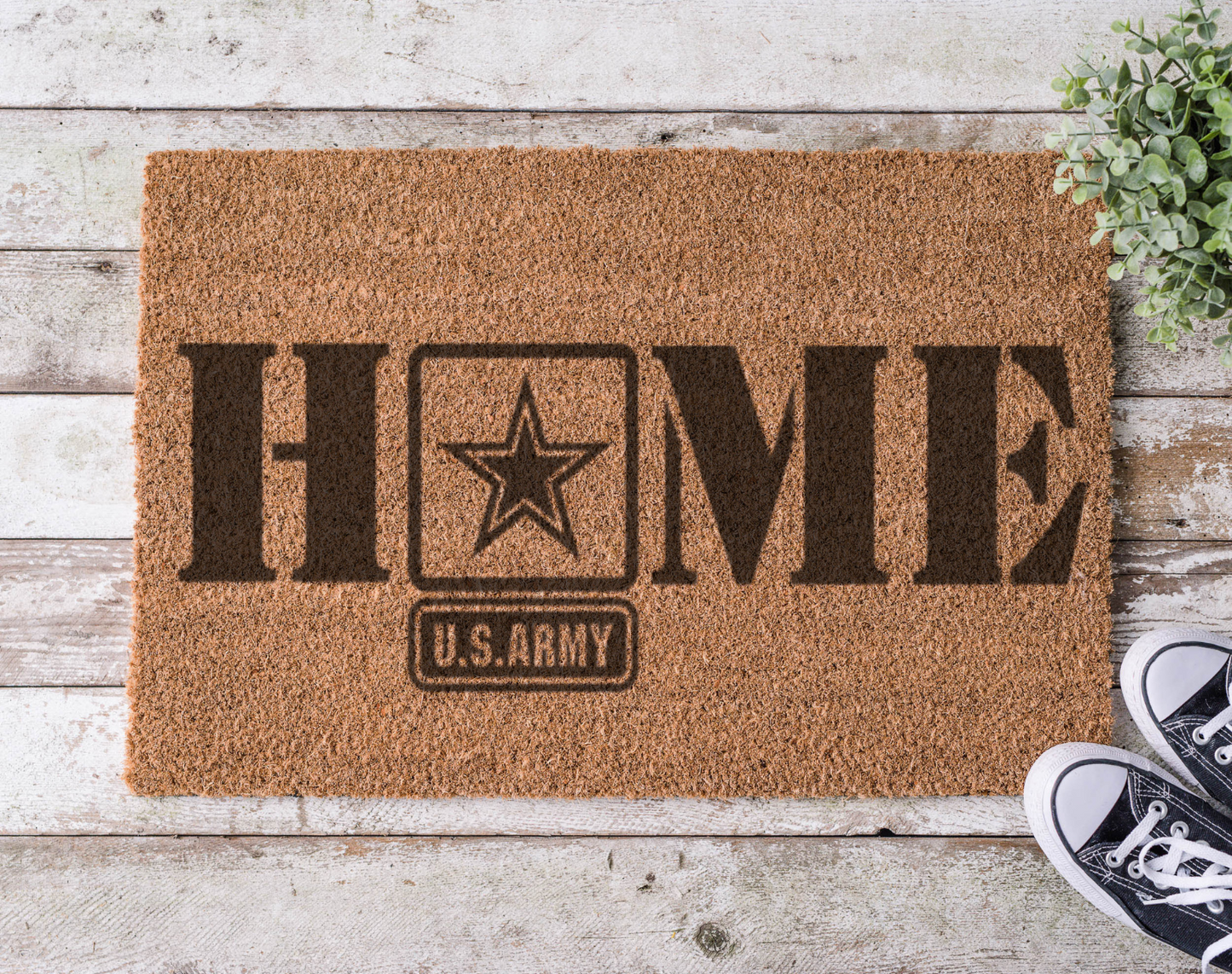 Coir doormat with the word ‘Home’ featuring the Army logo as the letter O, hand-painted in a patriotic military-themed design