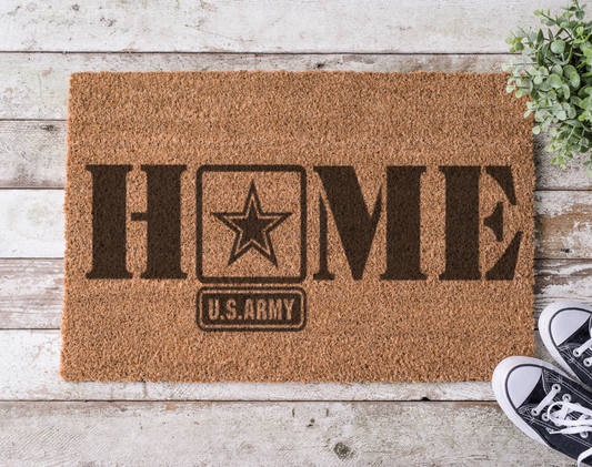 Coir doormat with the word ‘Home’ featuring the Army logo as the letter O, hand-painted in a patriotic military-themed design