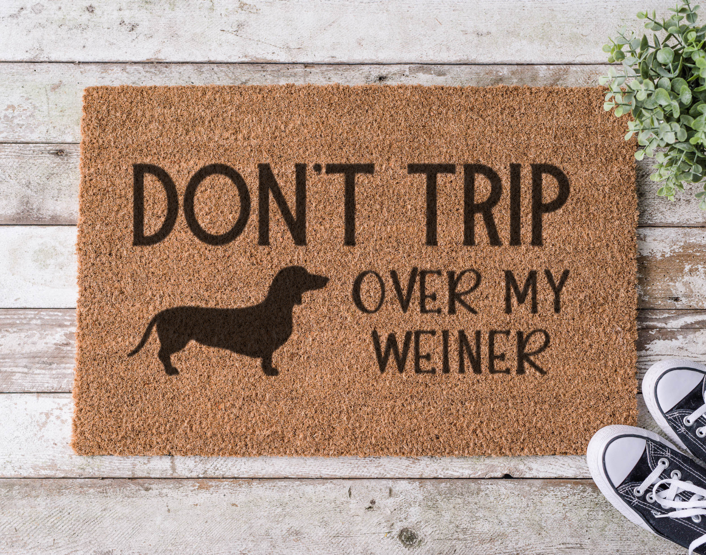 Coir doormat with the phrase ‘Don’t Trip Over My Wiener,’ hand-painted in playful lettering with a dachshund silhouette