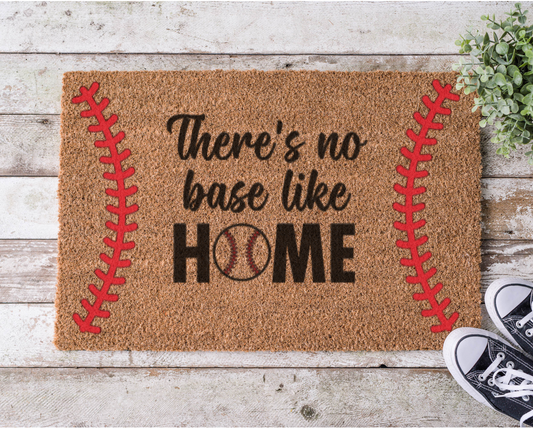Coir doormat that says ‘No Base Like Home’ with a hand-painted baseball theme, perfect for fans and players