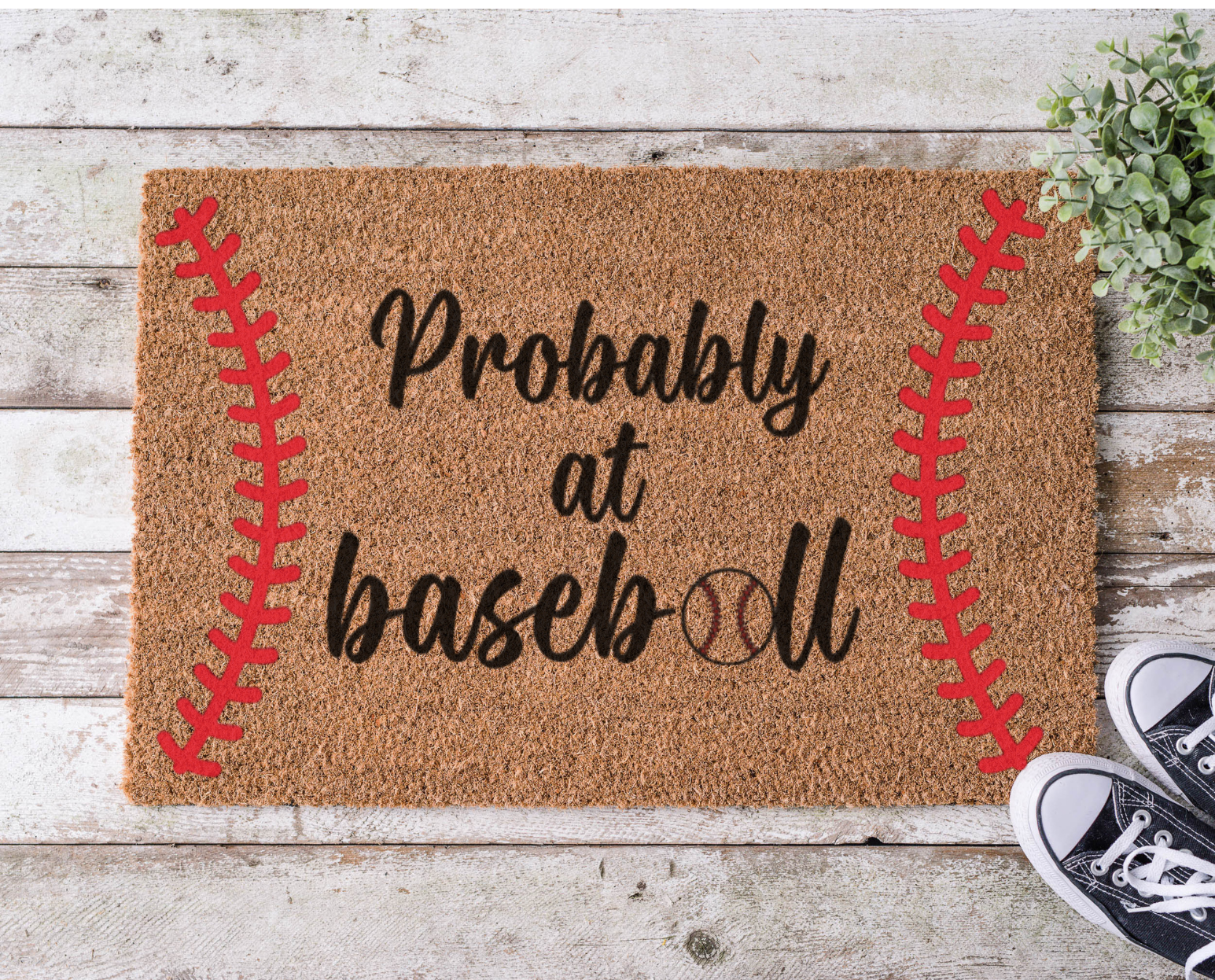 Coir doormat with the phrase ‘Probably at Baseball,’ hand-painted in bold lettering with a sporty, baseball-inspired design