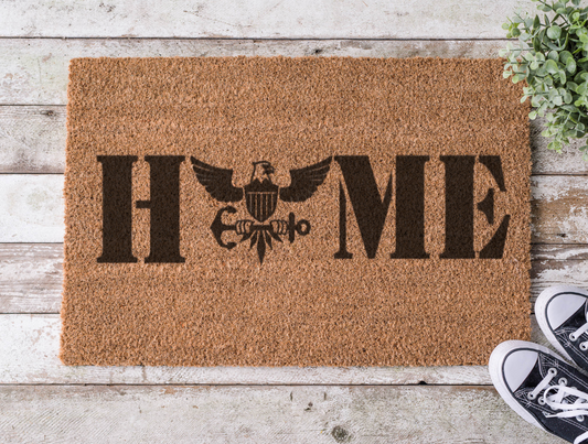 Coir doormat with the word ‘Home,’ featuring the U.S. Navy logo as the letter O, hand-painted in a bold, patriotic design