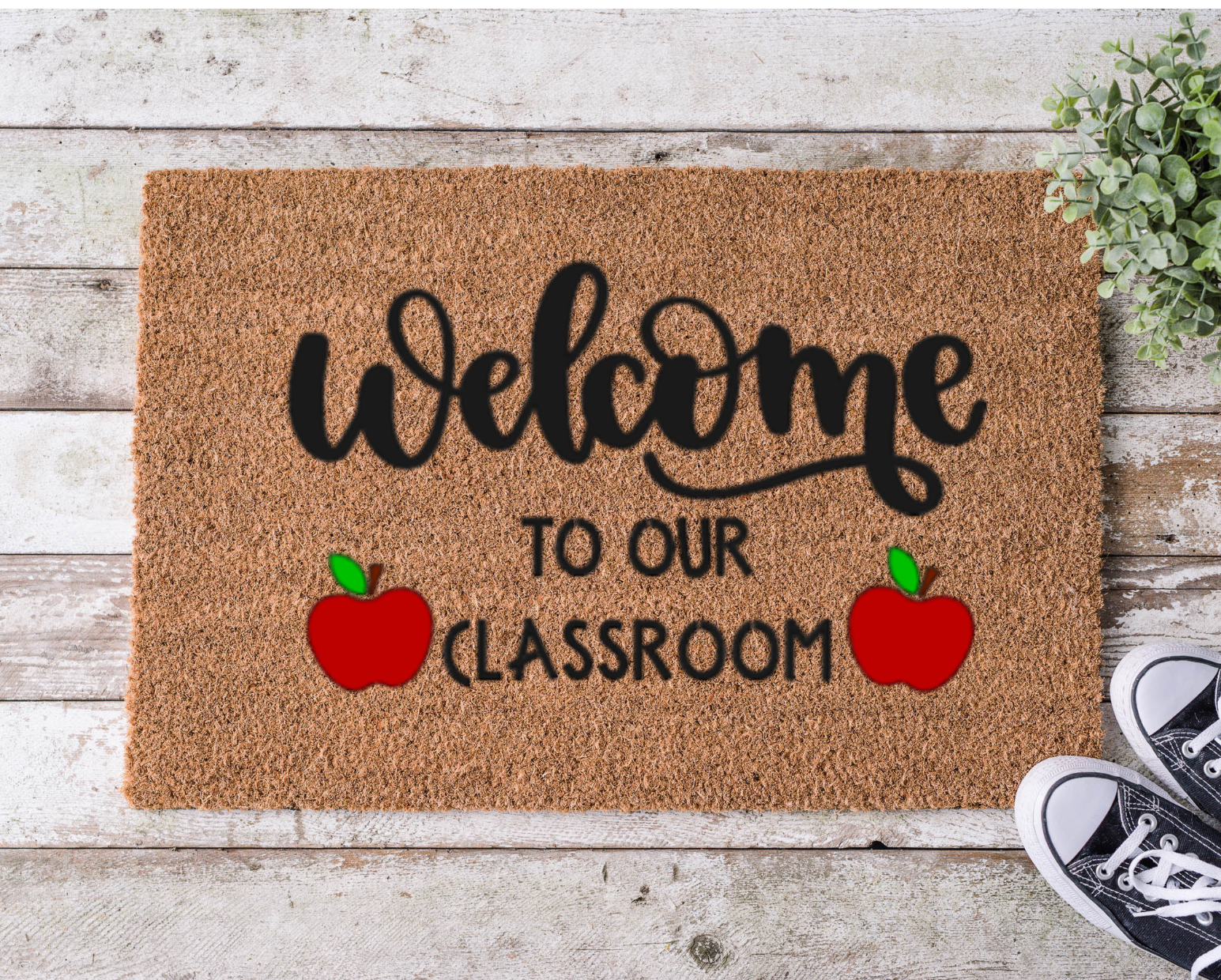Coir doormat that says ‘Welcome to Our Classroom,’ hand-painted in bold, playful lettering for teachers and school entrances