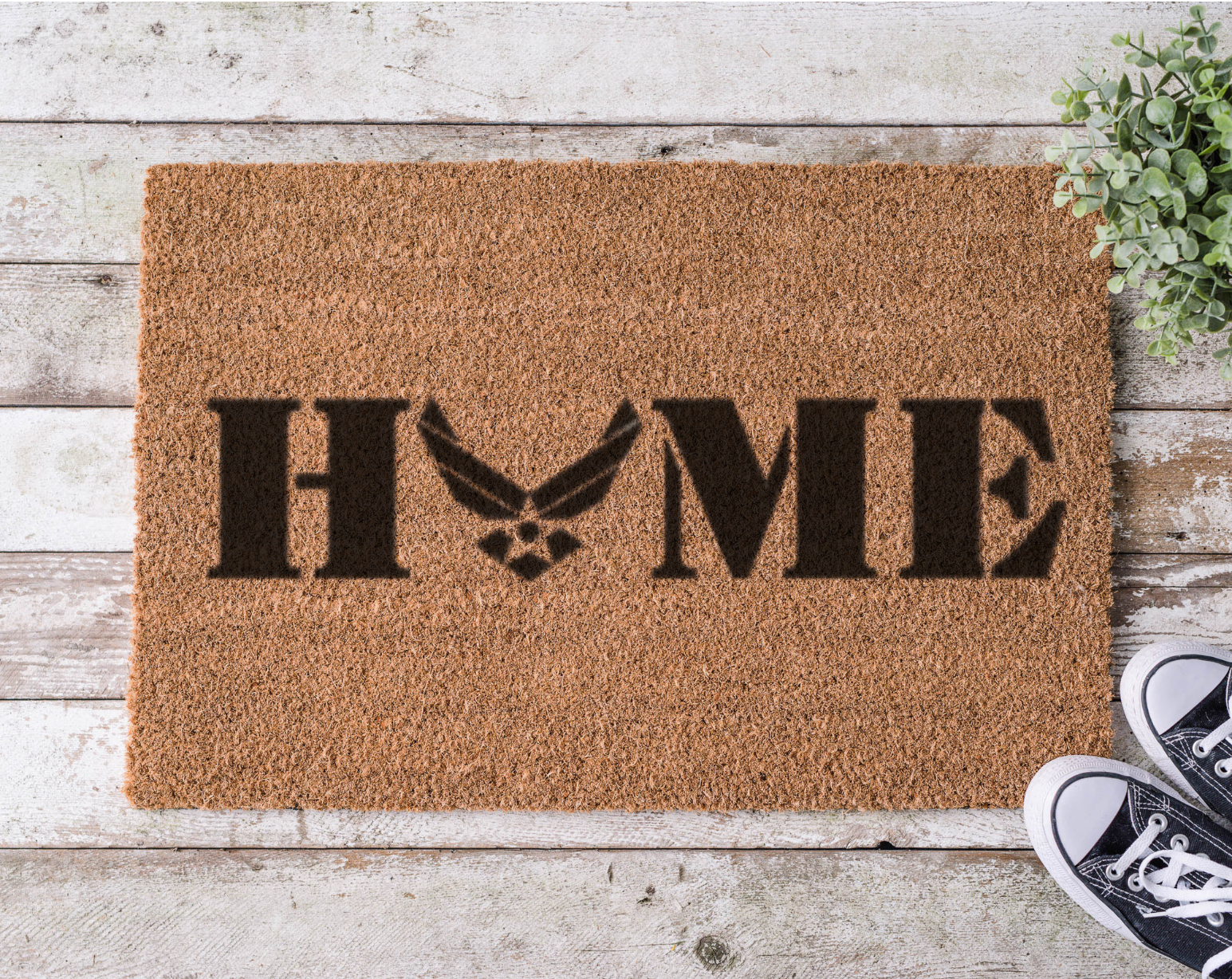 Coir doormat with the word ‘Home’ featuring the U.S. Air Force logo as the letter O, hand-painted in bold black 