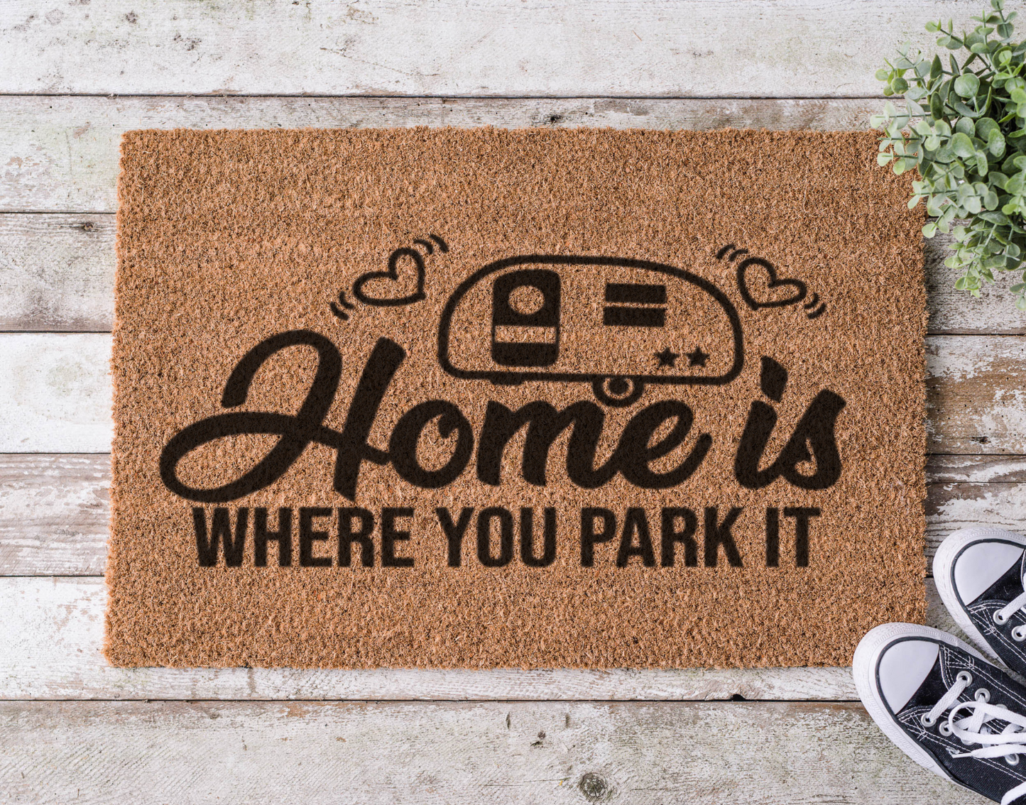 Camping-themed coir doormat that says ‘Home is Where You Park It,’ hand-painted with an RV design


