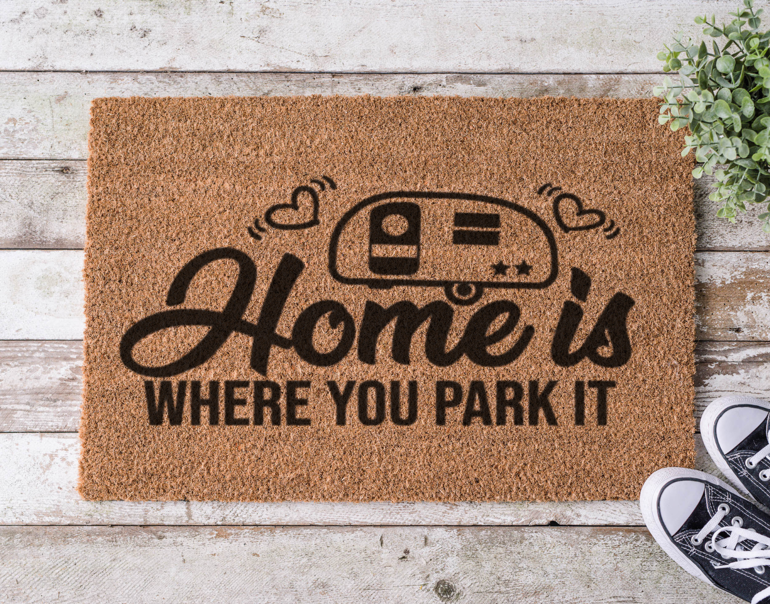 Camping-themed coir doormat that says ‘Home is Where You Park It,’ hand-painted with an RV design

