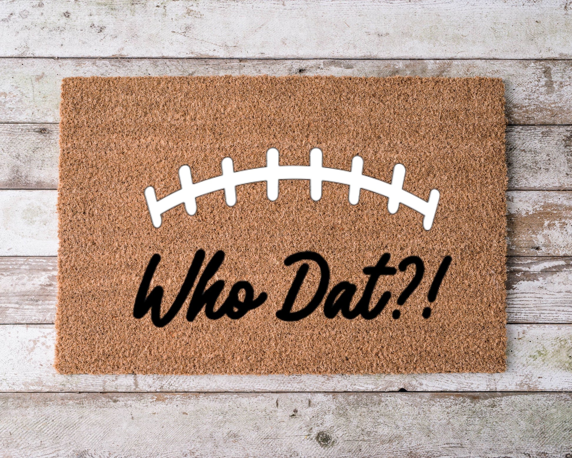 Hand-painted New Orleans Saints themed doormat with bold ‘Who Dat’ text, black and gold design