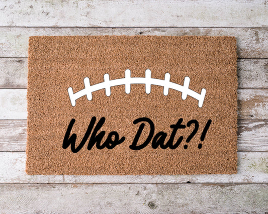 Hand-painted New Orleans Saints themed doormat with bold ‘Who Dat’ text, black and gold design
