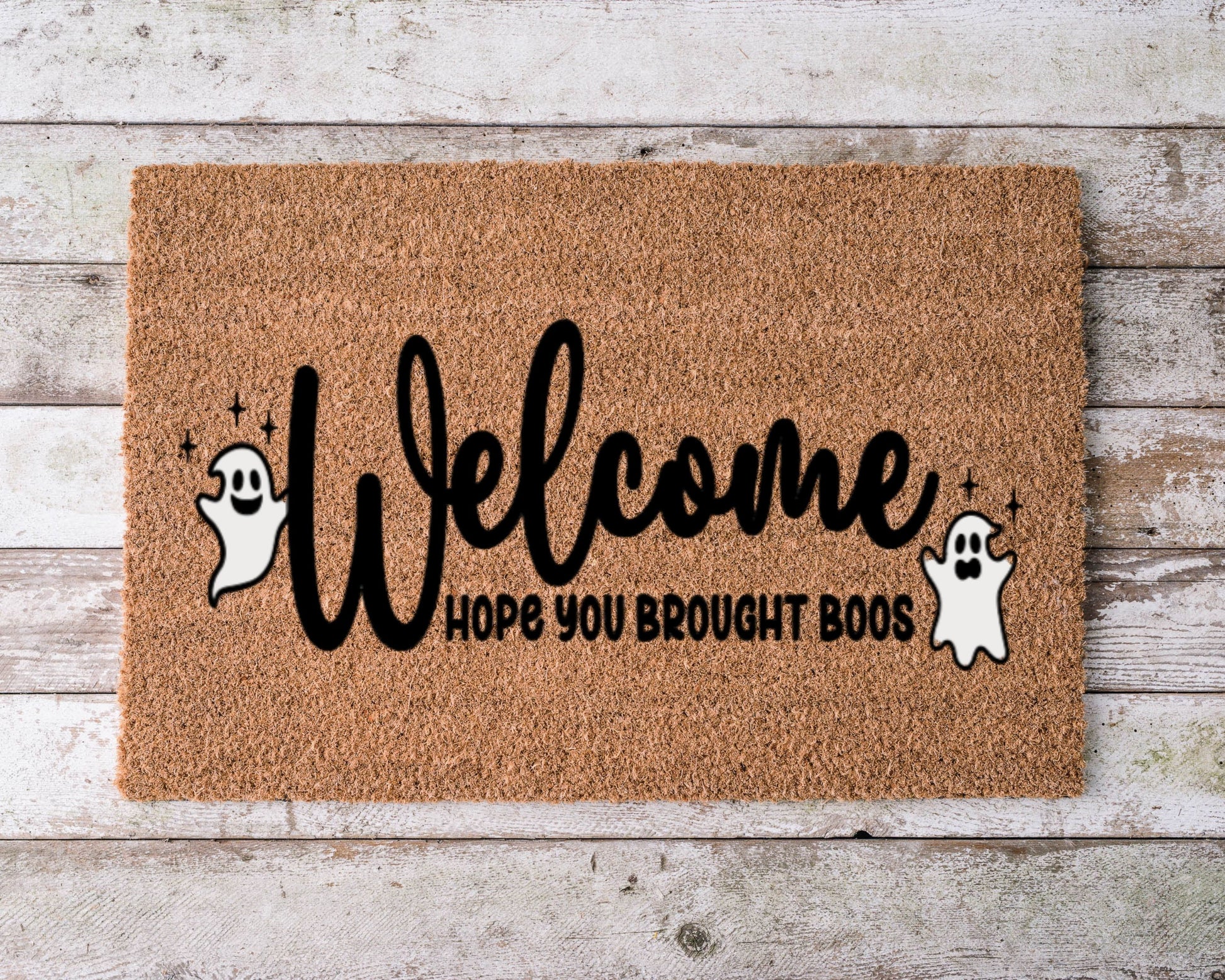 Funny Halloween doormat that says “Hope You Brought Boos” with a ghost or spooky drink illustration – festive hand-painted fall porch décor.
