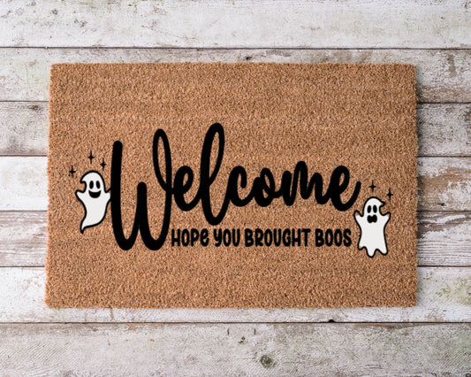Funny Halloween doormat that says “Hope You Brought Boos” with a ghost or spooky drink illustration – festive hand-painted fall porch décor.