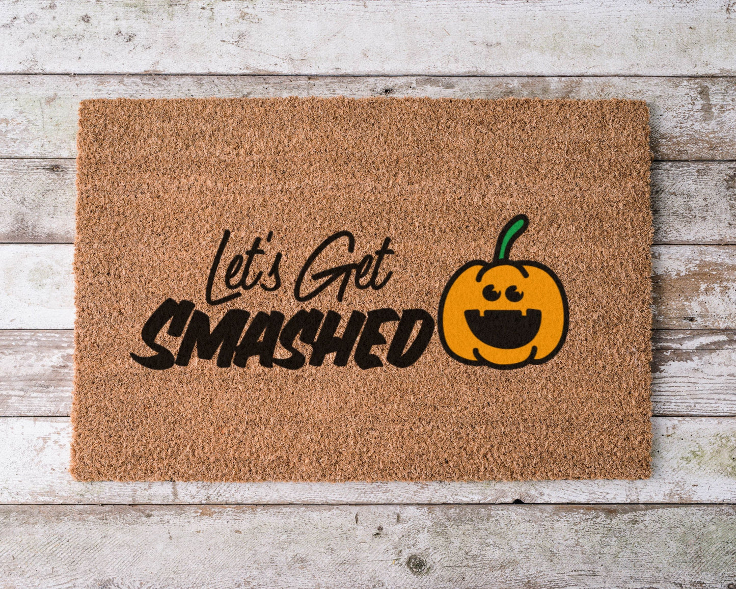 Doormat that says “Let’s Get Smashed” with hand-painted pumpkin – funny fall-themed welcome mat for Halloween or autumn porch decor.
