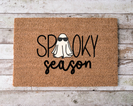 Hand-painted “Spooky Season” Halloween doormat with natural coir bristles, perfect for fall porch décor.