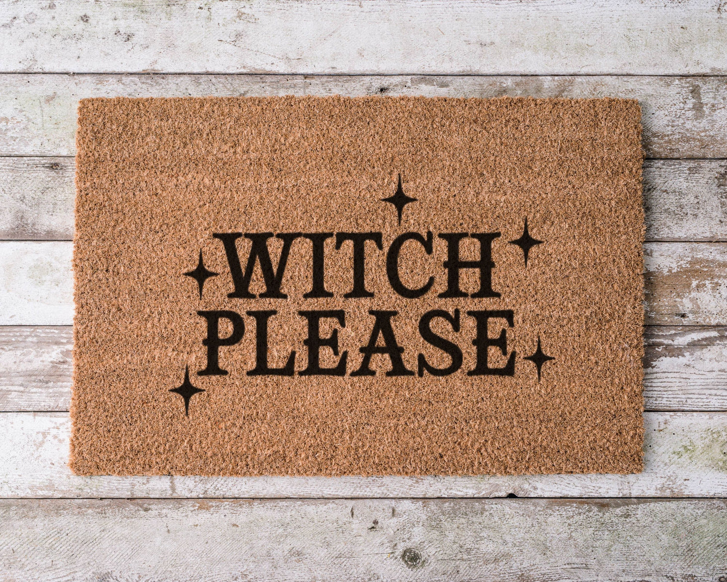 Halloween doormat with the phrase “Witch Please” in bold lettering – hand-painted spooky mat with witchy attitude for fall décor.