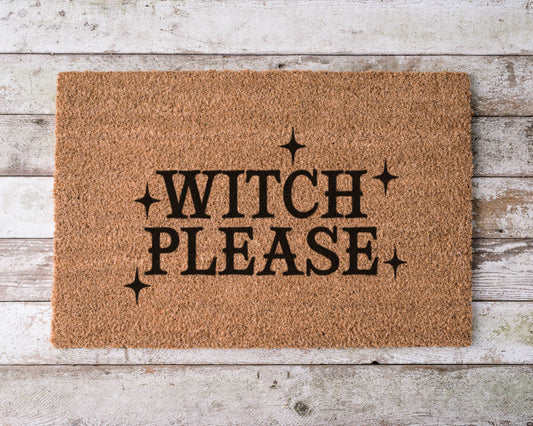Halloween doormat with the phrase “Witch Please” in bold lettering – hand-painted spooky mat with witchy attitude for fall décor.